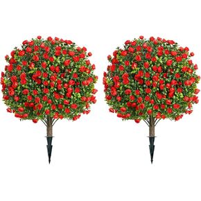 Artificial Rose Boxwood Topiary Tree with Ground Spikes, UV Resistant, Artificial Outdoor Shrubs, Artificial Rose Topiary Ball Tree for Outdoor & Indoor （23.6inch）