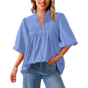 PRETTYGARDEN Women's 2025 Summer Short Lantern Sleeve Tops Loose Fit Button Down Shirt Casual Pleated V Neck Blouses