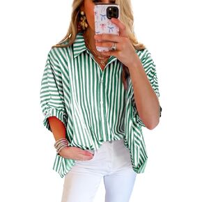 Women 2025 Summer Stripe Dolman sleeve v neck قميص كبير الحجم من قميص زر غير رسمي لأعلى بلوزة مخططة قصيرة الأكمام
