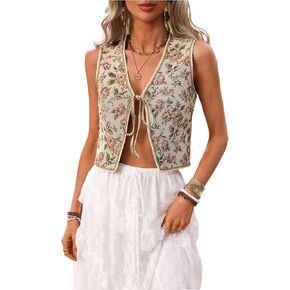 MakeMeChic Women's Floral Tie Front Vest Sleeveless Retro Crop Vests Outerwear