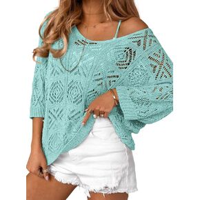 ATHMILE Women's 2025 Spring Summer Crochet Hollow Out 3/4 Sleeve Pullover Sweater Off Shoulder T-Shirts