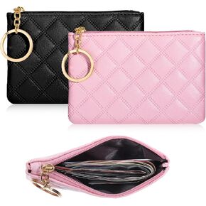 Small Coin Purse, 2Pcs Rhombus PU Zipper Coin Purse Portable Wallet Short Ladies Coin Purse Zippered Keychain Mini Coin Bag for Women & Men Coin Wallet (Pink, Black)