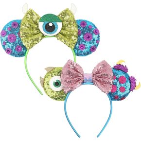 FACHPINT Mike and Sully Headband, 2pcs Green and Blue Sequin Mouse Ears for Child Photo Props, Party, and Theme Park, Cute Sulley Ears for Boy