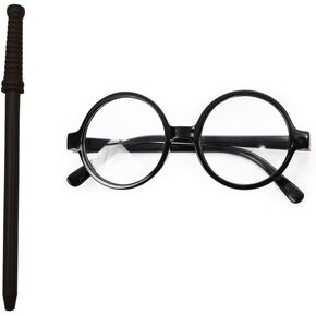 Round Wizard Glasses and Wand Pencil Wizard Costume Plastic Glasses For Dress Up