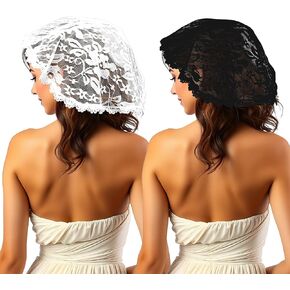 2 Pcs Lace Embroidery Head Coverings for Women, Short Veil, Chapel Cap Veils, Circle Round Floral Lace Mantilla Black White (Five Petal Flower)