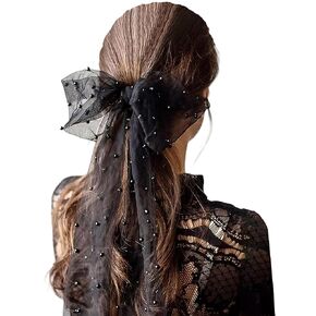 Bow Pearl Veil Black Bridal Veil Short Wedding Veil Mini Tulle Bow with Clip Hair Accessories for Women and Girls Bachelorette Party Cosplay Dress up Halloween, 70cm/27.5"