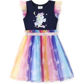 My Little Pony Girls' Casual Dress, Unicorn Print Flutter Sleeve Tulle Skirt, Summer Princess Outfit, Party & Birthday