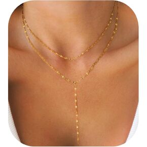 Lariat Necklaces for Women,Dainty Long Gold Necklaces 14K Gold Plated Lariat Necklace With CZ Y-Shaped Pendant Necklace Simple Non Tarnish Chain Layered Necklace Trendy Gold Jewelry for Women