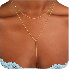 CAROVO Gold Necklace for Women Dainty Long Necklace 14K Gold/Silver Lariat Y-Shaped Pendant Necklaces Trendy Layered Lip Cubic Zirconia Beaded Chain Drop Necklaces Jewelry for Women Gifts in Kuwait