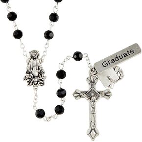 Needzo Graduation Catholic Rosary Beads with Silver Tone Our Lady of Grace Centerpiece, Graduation Cap and Jet Black Beading, Religious Graduate Gifts for Teenagers, 20 Inches