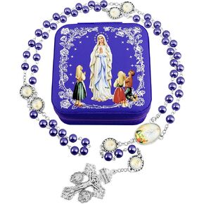 Catholic Rosary Necklace for Women with 8MM Glass Pearl Beads - Our Lady of Lourdes & Immaculate Heart of Mary Jewelry Gift, Travel Case, First Communion
