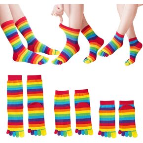3 Pairs Cotton Five Finger Socks Rainbow Stripe Toe Socks Athletic Casual Ankle Crew Calf High Split Socks for Women Girls