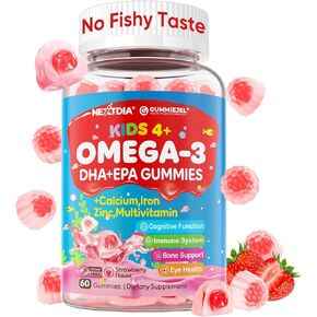 Omega 3 Gummies (EPA/DHA) for Kids 4+, Kids Multivitamin A B1 B2 B12 C D3 K2, Calcium, Iron, Zinc, Selenium, lodine for Brain Cognition, Eye, Bone, Energy, Immune, No Fish Taste, Sugar Free