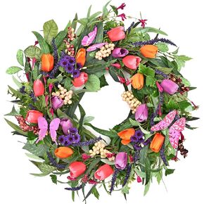 Waipfaru 22in Spring Wreath, Spring Summer Wreaths for Front Door, Tulip Wreath with Butterflies Decorations, Purple Tassels, Eucalyptus Leaves, Summer Decor for Home