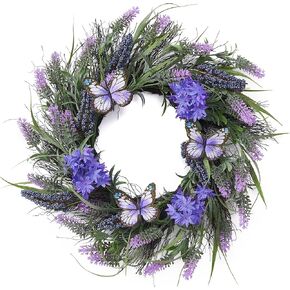 Valery Madelyn Summer Lavender Wreaths for Front Door with Lights, Artificial Spring Floral Wreath with Purple Bellflower Berries Butterfly for Home Porch Window Party Wedding Wall Decor-18''