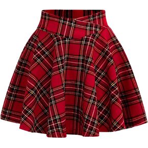Girl's Crossover Stretchy High Waisted Pleated Plaid Skirts Casual Preppy Short A Line Skirt