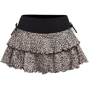 GORGLITTER Girl's Leopard Y2k Layered Ruffle Hem Flared Skirt Drawstring Ruched Mini Skirts