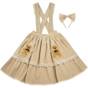 Pleated High Waist Short Skirt with Suspender Teen Girls Cute Bear Vintage A-line Tiered Corduroy Lolita Skirt for Women (Khaki)