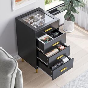 Semiocthome Black Glasstop Chest of 4 Drawers with Velvet Dividing Lattice, Vanity Desk Side Cabinet for Jewelry Display, Tall Nightstand for Bedroom, Storage Cabinets Jewelry Storage Drawer for Women