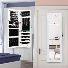 15 LEDS Jewelry Armoire منظم ، خزانة مجوهرات مُثبتة بالباب/الحائط مع مرآة كاملة الطول ، صندوق مجوهرات قابلة للقفل مع سعة التخزين الكبيرة والأقسام ، درجتين أسفل ، أبيض