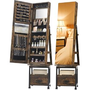 360 درجة مجوهرات دوارة armoire مع رف وأدراج تخزين ، 66 "H المجوهرات ذات الطول الكامل ARMOIRE ، خزانة مجوهرات قائمة على الأرض مع عجلات ، بني ريفي