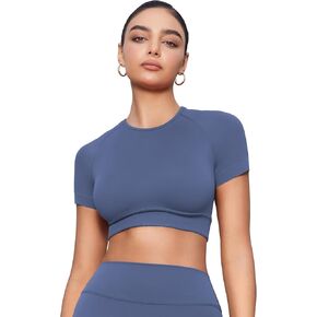YEOREO SoftHue Womens Short Sleeve Crop Tops Caliyta Seamless Workout Impact T Shirts Crew Neck Raglan Gym Yoga Tees Slim Fit