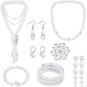 8Pcs Pearl Necklace and Earring Set for Women Faux Pearl Costume Jewelry Set with Bracelets, Necklace, Earrings, Brooch Pin for Wedding Bridal Birthday Party
