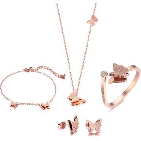 VNOX Butterfly Matte Finish Rose Gold Plated Stainless Steel Bracelet Ring Necklace and Stud Earrings Jewelry Set for Women Teen