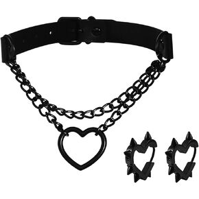 Goth Heart Chain Choker Black Heart Earrings Jewelry Set Gothic Punk Grunge Emo PU Leather Necklace Y2k Huggie Hoop Spike Black Earring Jewelry Gift for Women Men