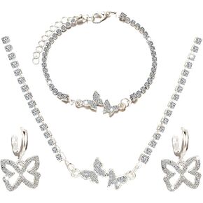 Butterfly Rhinestone Jewelry Set Silver Sparkly Crystal Necklace Chain with Bracelets and Earrings for Women(3PCS)