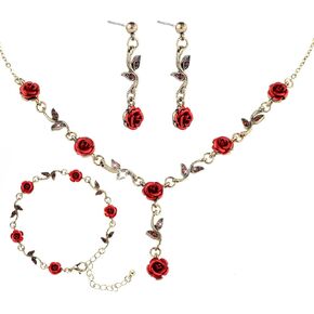 Red Rose Jewelry Set Exquisite Rose Flower Pendant Necklace, Bracelet Dangle Earrings Jewelry Sets for Women Wedding