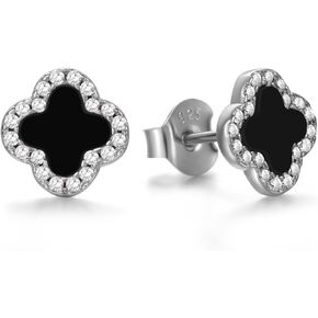 Four Leaf Clover Earrings 925 Sterling Silver for Women,Stud Earrings Jewelry with Black Onyx and Mother of Pearl,Elegant Gift for Her