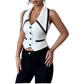 Floerns Women's Contrast Binding Sleeveless Waistcoat Button Front Collared Blazer Vest