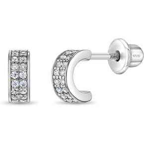 925 Sterling Silver Clear Cubic Zirconia Half Hoop Earrings With Safety Screw Back Closure For Toddlers and Little Girls - Extra Small Half Hoop Earrings for Children