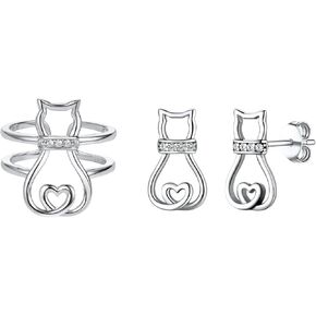 Silvercute 925 Sterling Silver Cat Ring Frear and Stud arocks