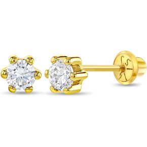 14k Yellow Gold 4mm Cubic Zirconia Solitaire Screw Back Earrings for Young Girls, Toddlers, and Babies - Safety Screw Back Locking for Children - Small Cubic Zirconia Prong Set Stud Earrings