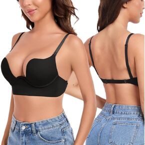 Lemorosy Plunge U Backless Push Up Bra Multiway Convertible Low Cut Lifting Support Underwire Bras for Women