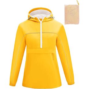 Avoogue Raincoat Women Reflective Waterproof Rain Jackets Half Zipper Packable Outdoor Hooded Windbreaker Lined Jacket