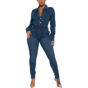 xxxiticat Women's Denim Jumpsuit Casual Long Sleeve Button Down Belted Lace Up Skinny Bodycon One Piece Jean Rompers