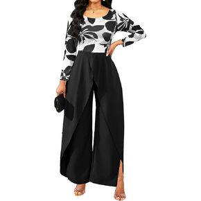 Casual Floral Jumpsuit for Women Dressy Elegant Scoop Neck Long Sleeve Long Pants Cocktail Party Rompers