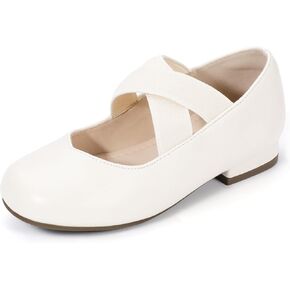 PANDANINJIA Girls Dress Shoes Ballet Flats Mary Jane Elastic Cross Strap Little Big Kid Low Heels Flower Girl Shoes