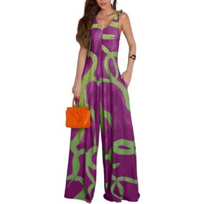 CHICME Women’s Printed V Neck Sleeveless Jumpsuits Long Pants Overalls Beach Summer Jumpsuit with Pockets