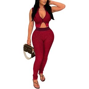 Uni Clau 2 Piece Outfits for Women Sexy Zipper Crop Top Bodycon Pants Sets Ribbed knit Sleeveless Club Outfits Tracksuit