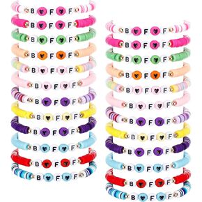Sureio 24 Pcs Colorful Bff Friendship Bracelets Letter Heart Bestie Surfer Stretch Beaded Friendship Kids Bracelets for Girls Women Valentine‘s Day Gifts Tween Girl Party Favors