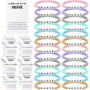 Quelay 24 Sets Nurse Bracelets with Cards Nurse Week Gifts Bulk 2025 Colorful Polymer Clay Beaded Bracelets Practitioner Graduation Medical Assistant Appreciation Gift for Women Family Friend