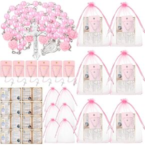 Quelay 6 Sets Rosary for Women Glass Pearl Beads Rosary Necklace with Crucifix Catholic Gifts Our Lady of Rosary Beads Pray Card Catholic Gifts for Women with Rosary Pouch Confirmation Gifts