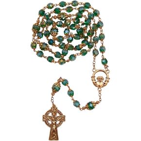 Wowser Saint Patrick's Rosary ، حبات خضراء على الطراز الكريستالي ، Celtic Cross ، Claddagh Centerse ، 21.25 بوصة