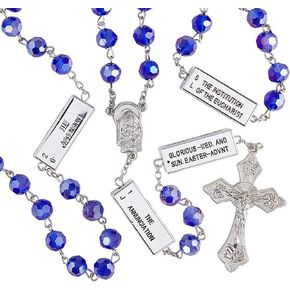Needzo Engraved Mysteries of the Rosary Bright Blue Colored Prayer Beads Catholic Necklace for Men and Women, 24 Inch