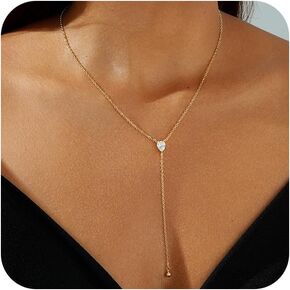 Lariat Gold Necklace for Women, 14k Gold Plated/Silver Y-Shaped Pendant Necklace Trendy Layered Zirconia Lip Chain Drop Long Necklaces for Women Jewelry Gifts
