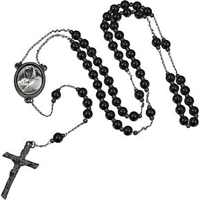 ChainsHouse Rosary Catholic Necklace for Women, Stainless Steel/Black/14K Gold Plated Catholic Prayer Chain with Glass Pearl Beads (Sent Gift Box)